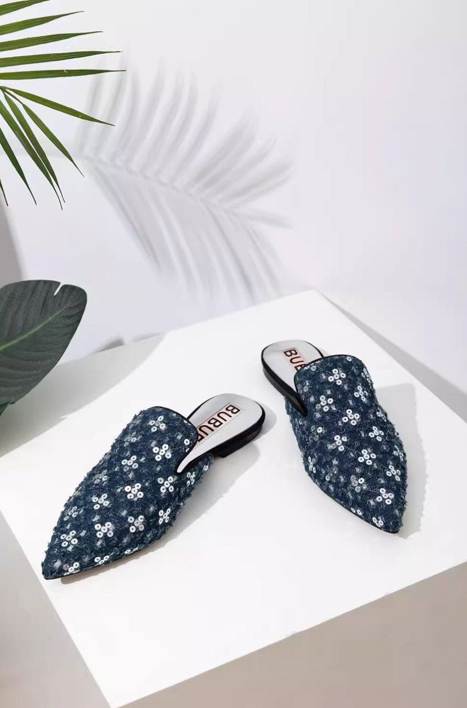 B-FEI'S Denim Sequin Pointed Toe Casual Flat Mules-MATT.