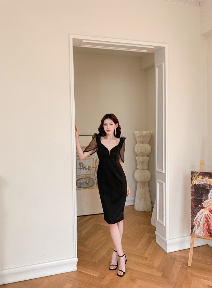 DOLLY Elegant V-Neck Short Mesh Puff Sleeve High Waist Midi Luncheon Dress-CHILE