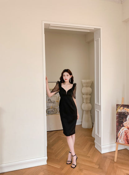 DOLLY Elegant V-Neck Short Mesh Puff Sleeve High Waist Midi Luncheon Dress-CHILE