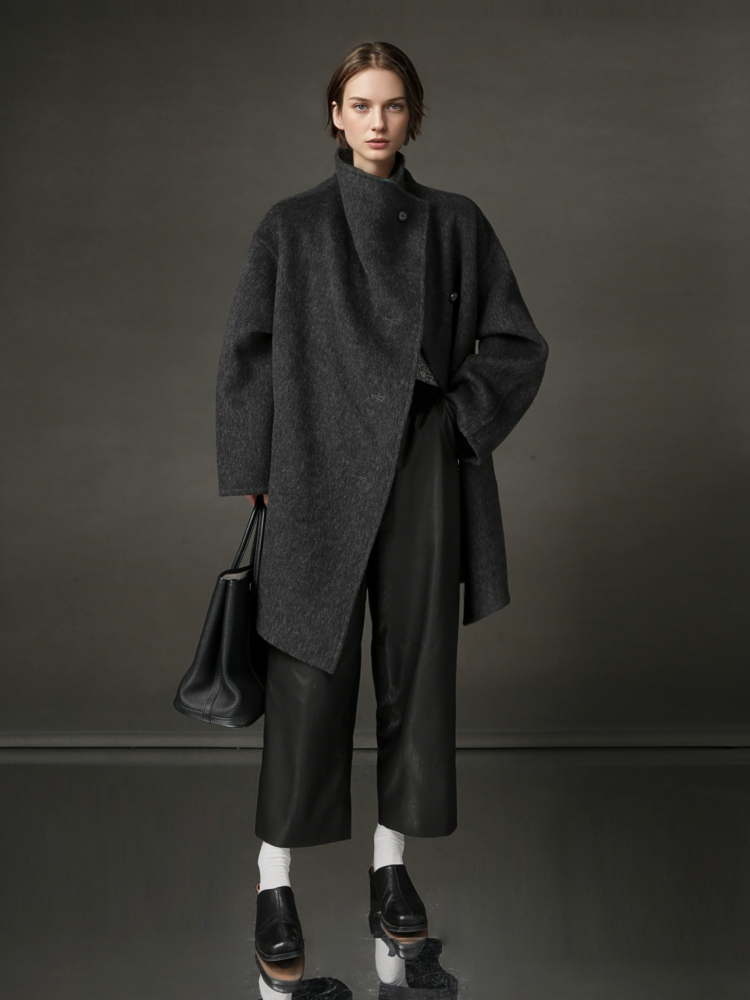 PIAOIN European collar design high-end double-sided wool tweed coat -BLOSSOM