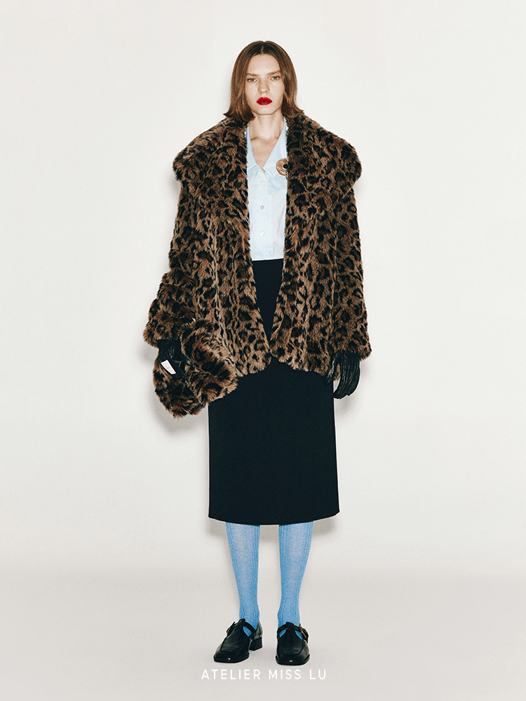 ATELIER MISS LU faux fur leopard print jacket with big lapels - MAY.