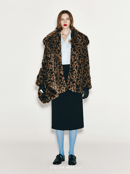 ATELIER MISS LU faux fur leopard print jacket with big lapels - MAY.