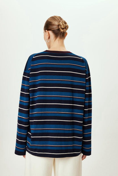 PIAOIN stripe design neutral loose long sleeve T-shirt silk wool knitwear spring-CIX