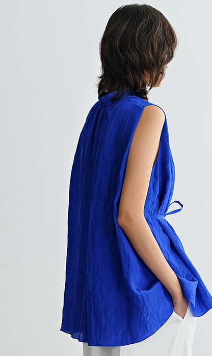 COMME MOI Women's Sleeveless V-Neck Draped Shirt blue Top - SAMUEL.
