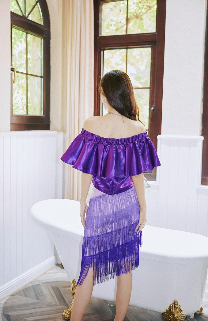 DOLLY Elegant Purple Satin Ruffle Of Shoulder Top+ Gradient Tassel Skirt-ZAYN