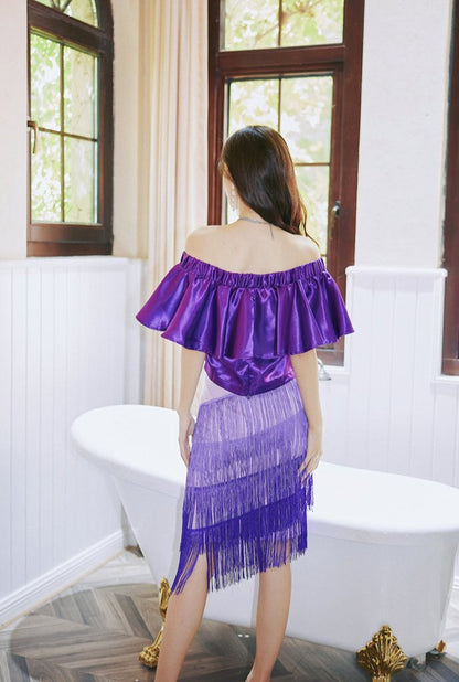 DOLLY Elegant Purple Satin Ruffle Of Shoulder Top+ Gradient Tassel Skirt-ZAYN
