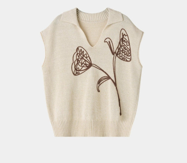 Sushe Flower Linen Cotton Embroidery Polo Collar Pullover Knit Stretch Loose-BRENDA
