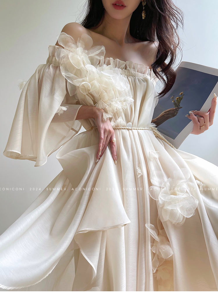Aconiconi Luxury Off-Shoulder Flower Short Sleeve bridal baby doll Dress - Magnolia Lotus Fragrance