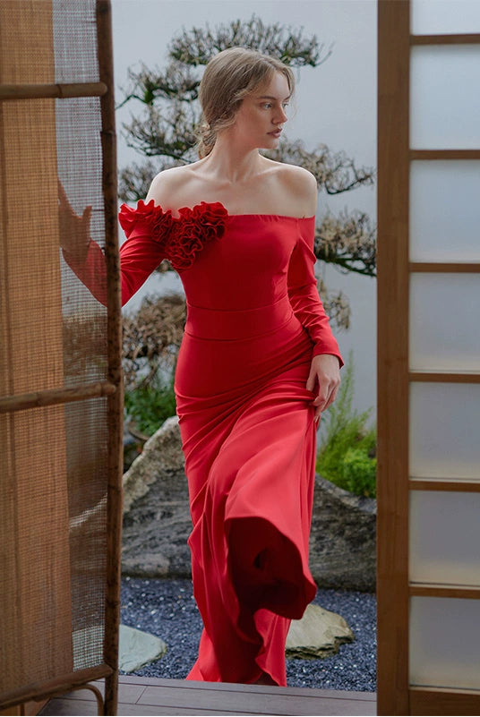 GOUDIN red off-shoulder long-sleeved evening dress-TOSIA.