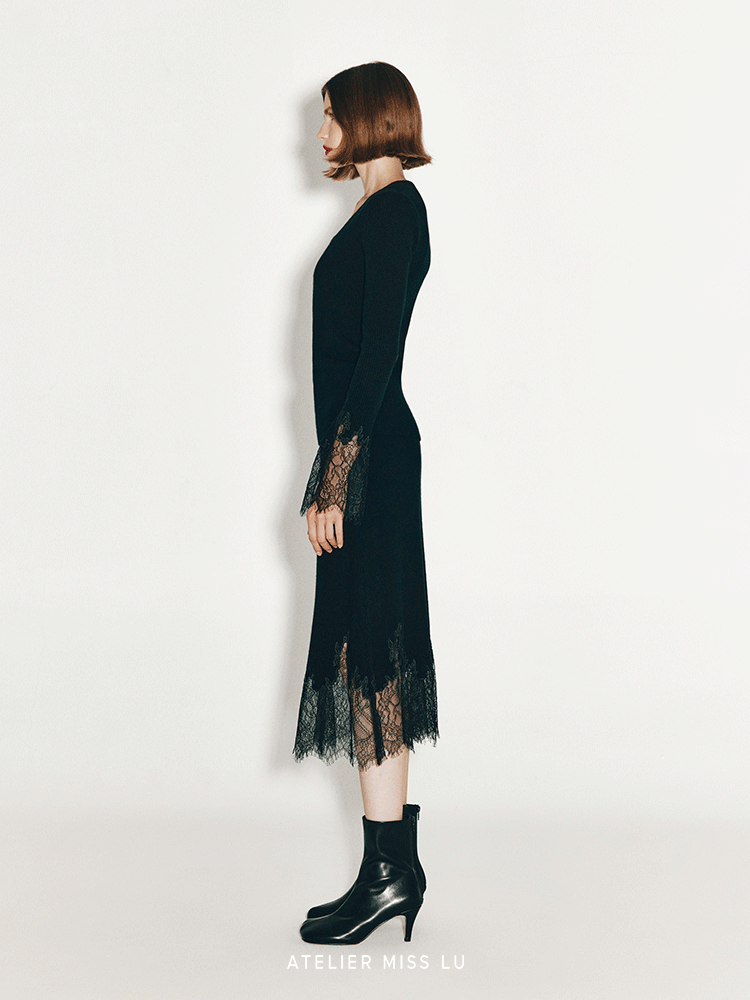 ATELIER MISS LU Fall/Winter elongated lace panelled cashmere wool skirt - ESTI