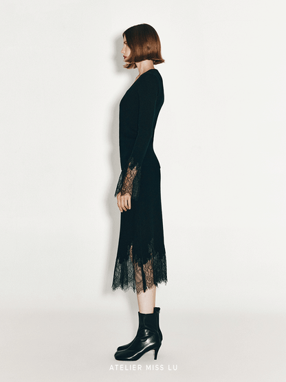 ATELIER MISS LU Fall/Winter elongated lace panelled cashmere wool skirt - ESTI
