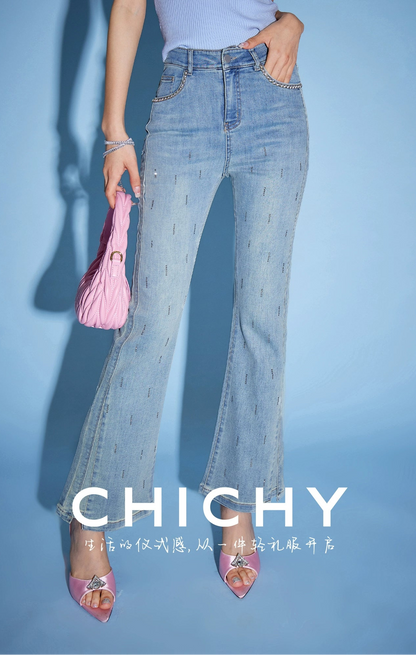 CHICHY chic bootcut high-waisted thin light blue long pants-SALLY