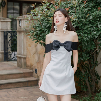 DOLLY High End Black Bow Off Shoulder Bandeau White Short Dress-ANDRA