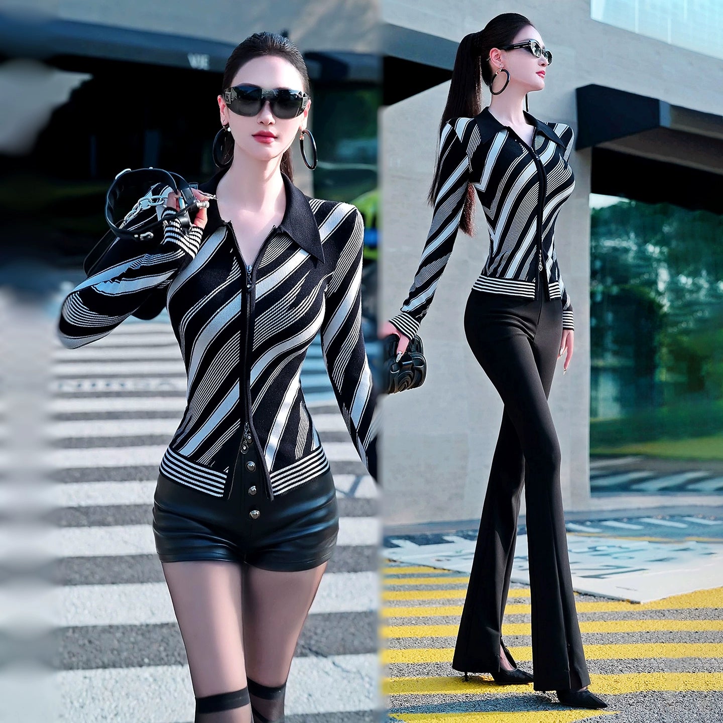 VJE Stripe Knitted Cardigan Slim Length Age-Reducing Contrast Sweater-NIN.