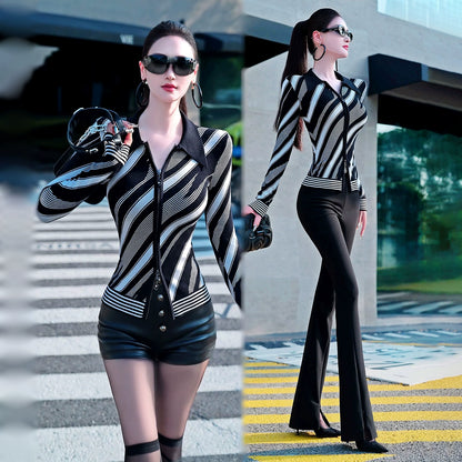 VJE Stripe Knitted Cardigan Slim Length Age-Reducing Contrast Sweater-NIN.