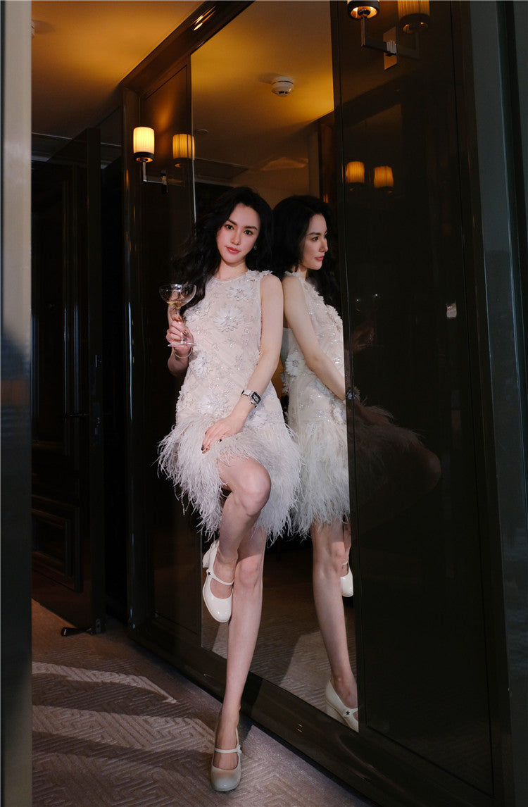 Wardrobes by Chen Luxury White Couture Embroidered Floral Feather bridal Dress- Sade