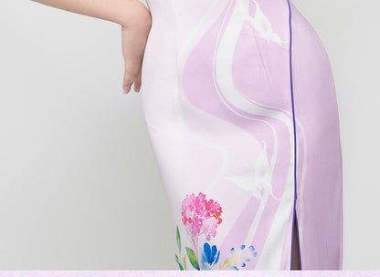 Magic Q purple stand up collar slotted clasp shawl petal collar hydrangea print dress