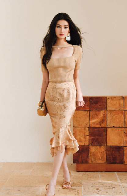 WANGXO | Phantom Shiny Silk with Hemp Retro Square Neck Slim Ribbed Knit Short Sleeve Top -ZARA