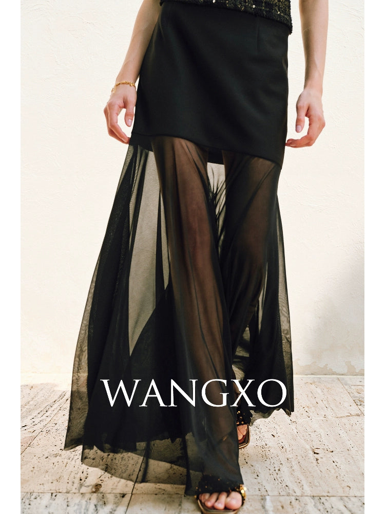 WANGXO | Twill Roman Knit with Lightweight Sheer Paneling  A-Line Hem Flowing Skirt  -RAYA