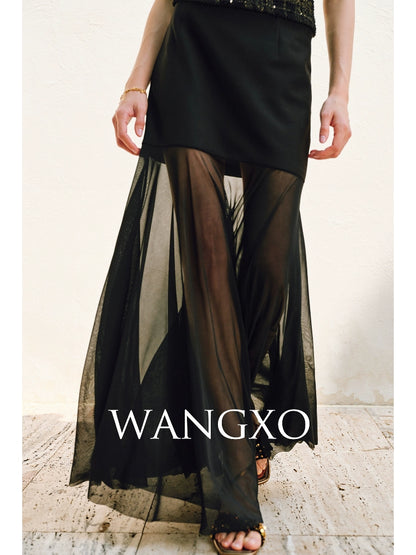 WANGXO | Twill Roman Knit with Lightweight Sheer Paneling  A-Line Hem Flowing Skirt  -RAYA