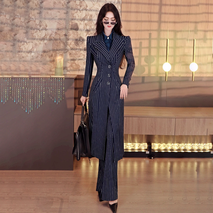 VJE Striped Coat Flared Pants Two-Piece Trench Coat Set-NICH.