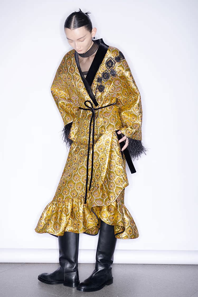 M essential Mackay gold banner jacquard crochet embroidery tunic coat - furbu.