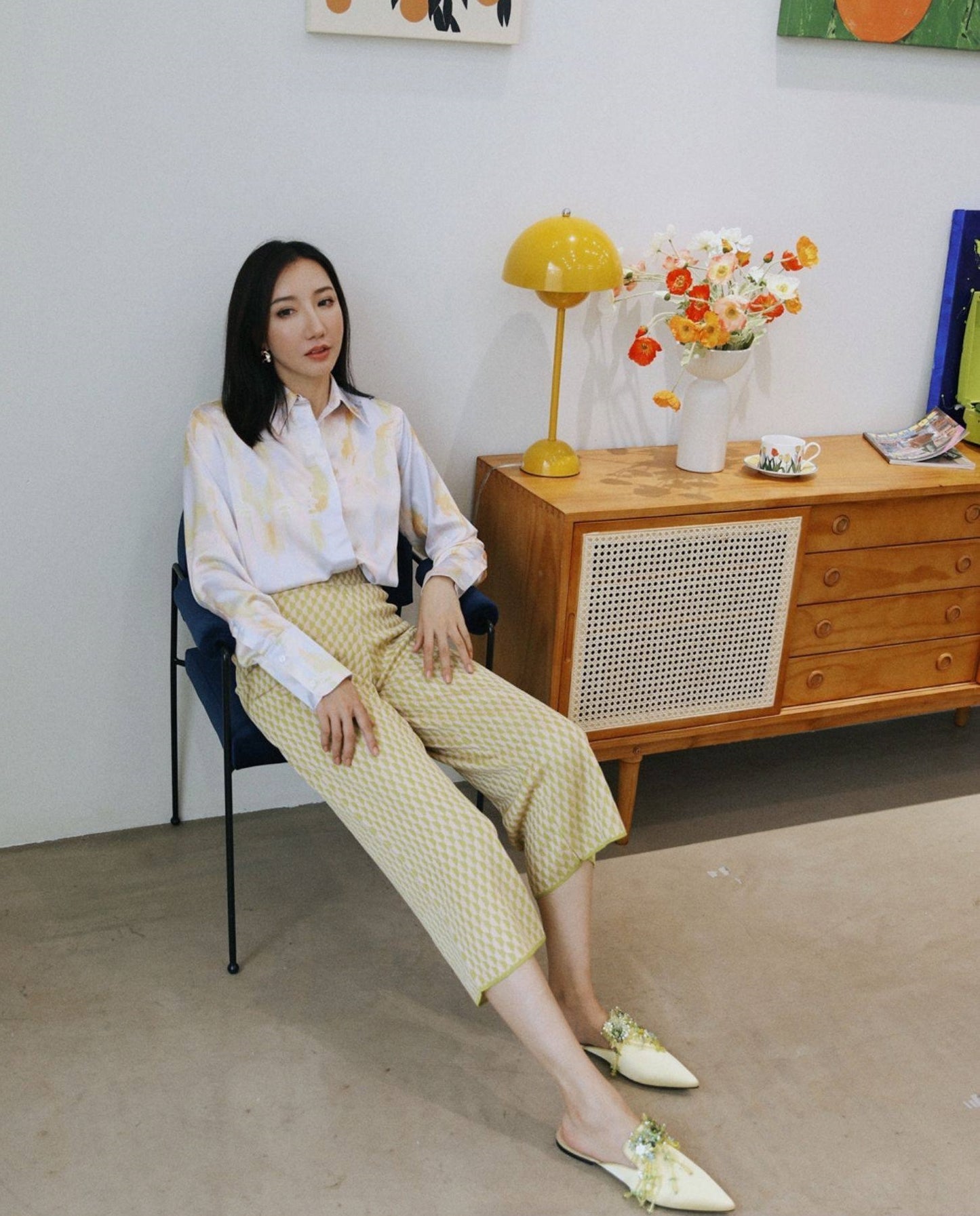 B-FEI lemon yellow flat mules pointed toe slippers-ULGA.