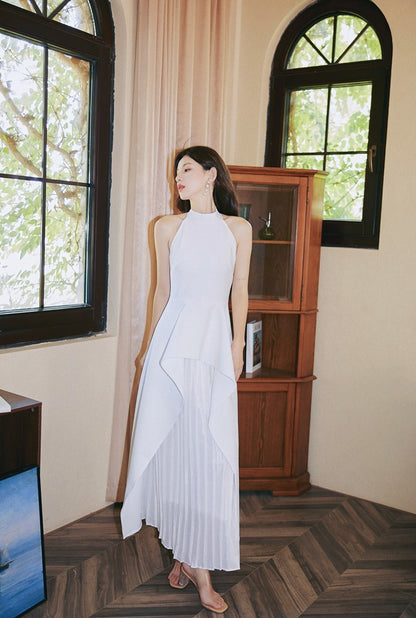 DOLLY High End White/Black Sleeveless Ruffled Halter Neck Top+ Pleated Skirt-SOLANGE