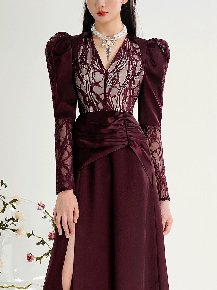 CHECOCRE Elegant Temperament Sexy V-neck Light Long Dark Red Dress - PERRING