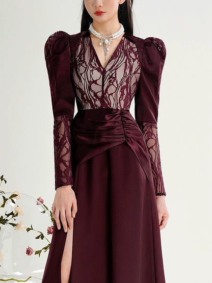 CHECOCRE Elegant Temperament Sexy V-neck Light Long Dark Red Dress - PERRING