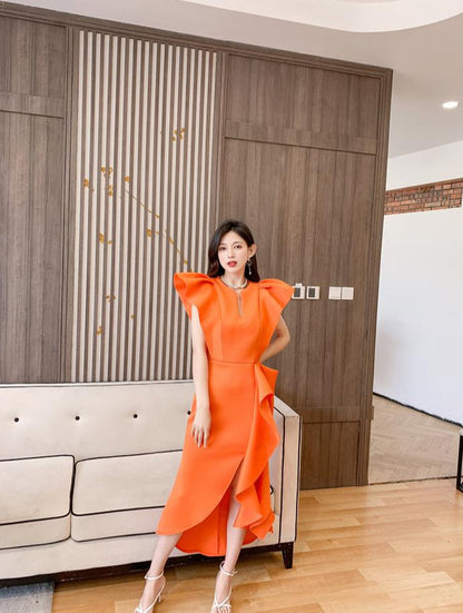 DOLLY Luxury V-Neck Short Sleeve High waist Slim Fit Irregular Hem Date Dress-LISA