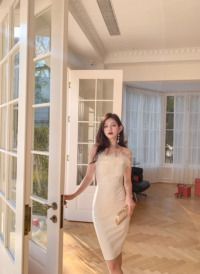 DOLLY Elegant Off Shoulder Feather Tube Top Slim Fit Dinner Date Dress-NANA