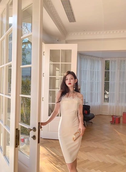 DOLLY Elegant Off Shoulder Feather Tube Top Slim Fit Dinner Date Dress-NANA