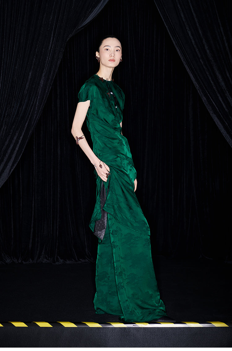 M essential Mackay designer emerald green Jacquard asymmetric top pants set - yellow.