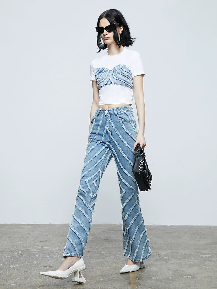 ANNAKIKI fractal shooting star raw edge denim bell bottoms-YAMEN.