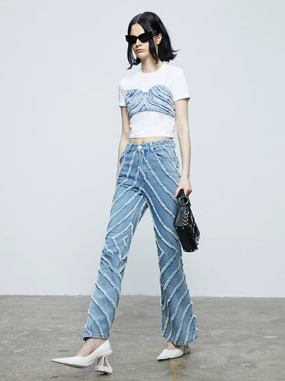 ANNAKIKI fractal shooting star raw edge denim bell bottoms-YAMEN.