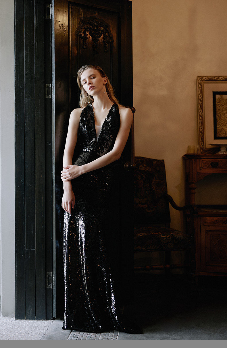 GOUDIN light luxury black long sequin evening dress-MIA.