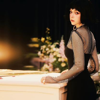 DOLLY Elegant Black Queen Style Turtle Neck Long Sleeve Slim Fit Long Dinner Dress-ELUALIA