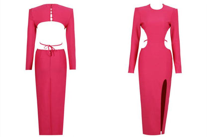 DOLLY Luxury Crew Neck Long Sleeve Waist Baring Backless Sexy Long Slit Date Dress-CADY