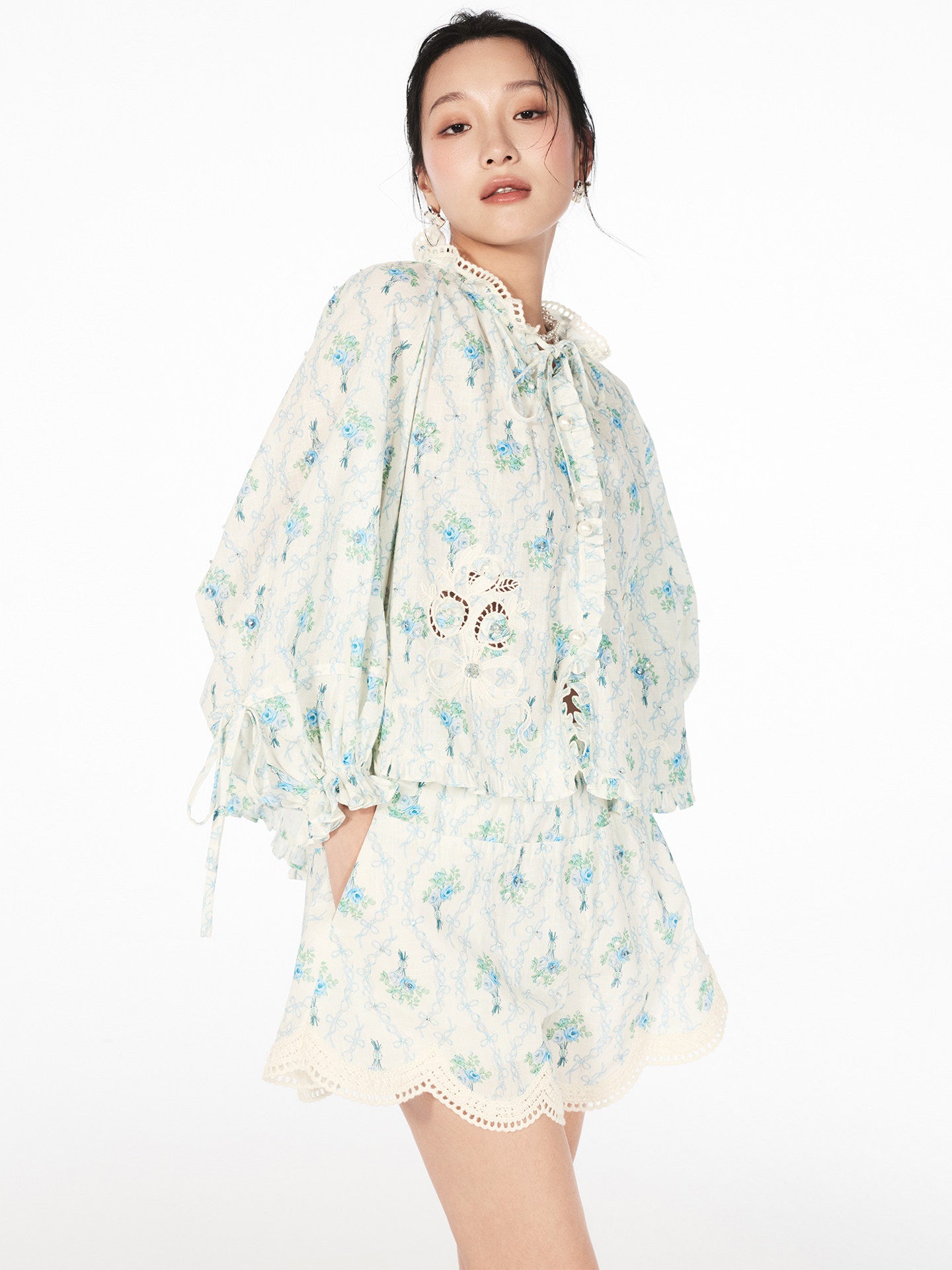 FAME printed disc rope bead embroidered ruffled cutout top - MARCUS