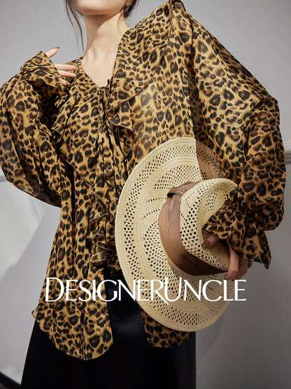 DGU |Leopard print light luxury niche loose retro V-neck design long-sleeved top - GLORY.