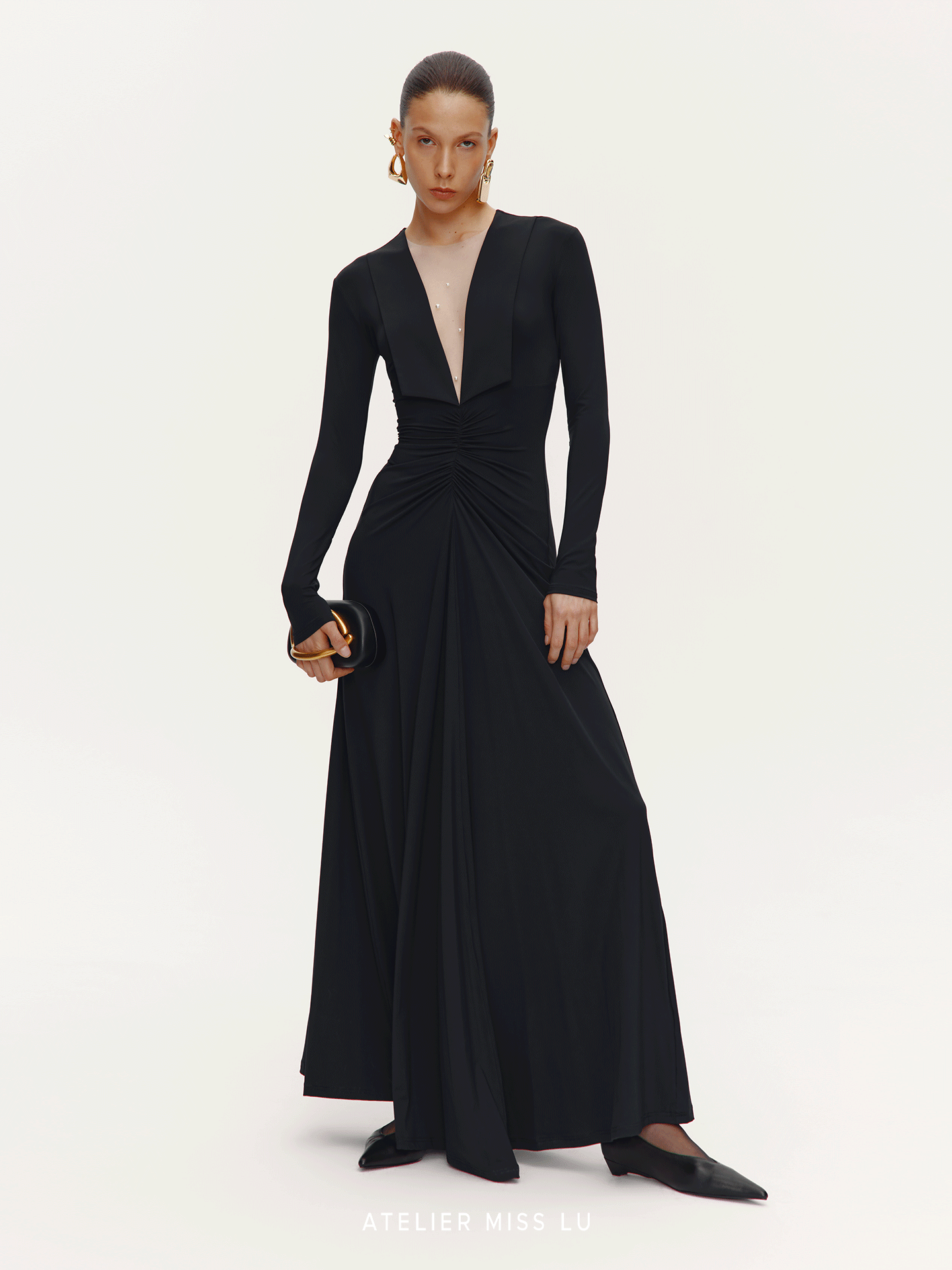 ATELIER MISS LU V-Neck Large Swing Long Sleeve Dress - EMBAD.