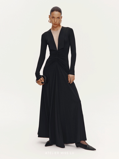 ATELIER MISS LU V-Neck Large Swing Long Sleeve Dress - EMBAD.