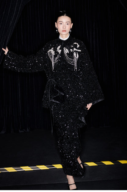 M essential Mackay designer three-dimensional silver orchid catenary beaded jacket - sill.