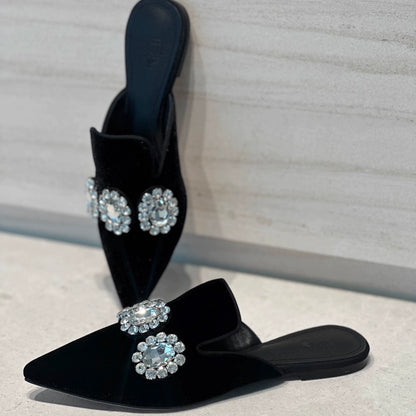 B-FEI custom pointed rhinestone flat mules.