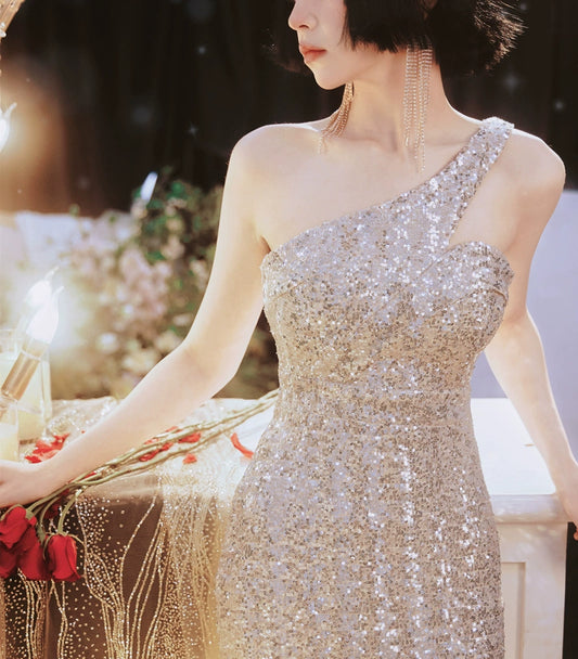 DOLLY Luxury Off White Sleeveless One Shoulder High Waist Long Evening Dress-LISA