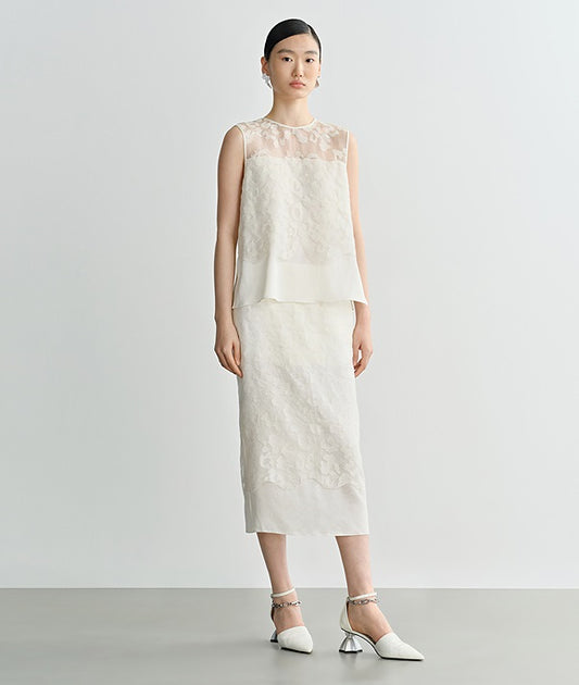 COMME MOI  silk embroidered white skirt - ABBA.