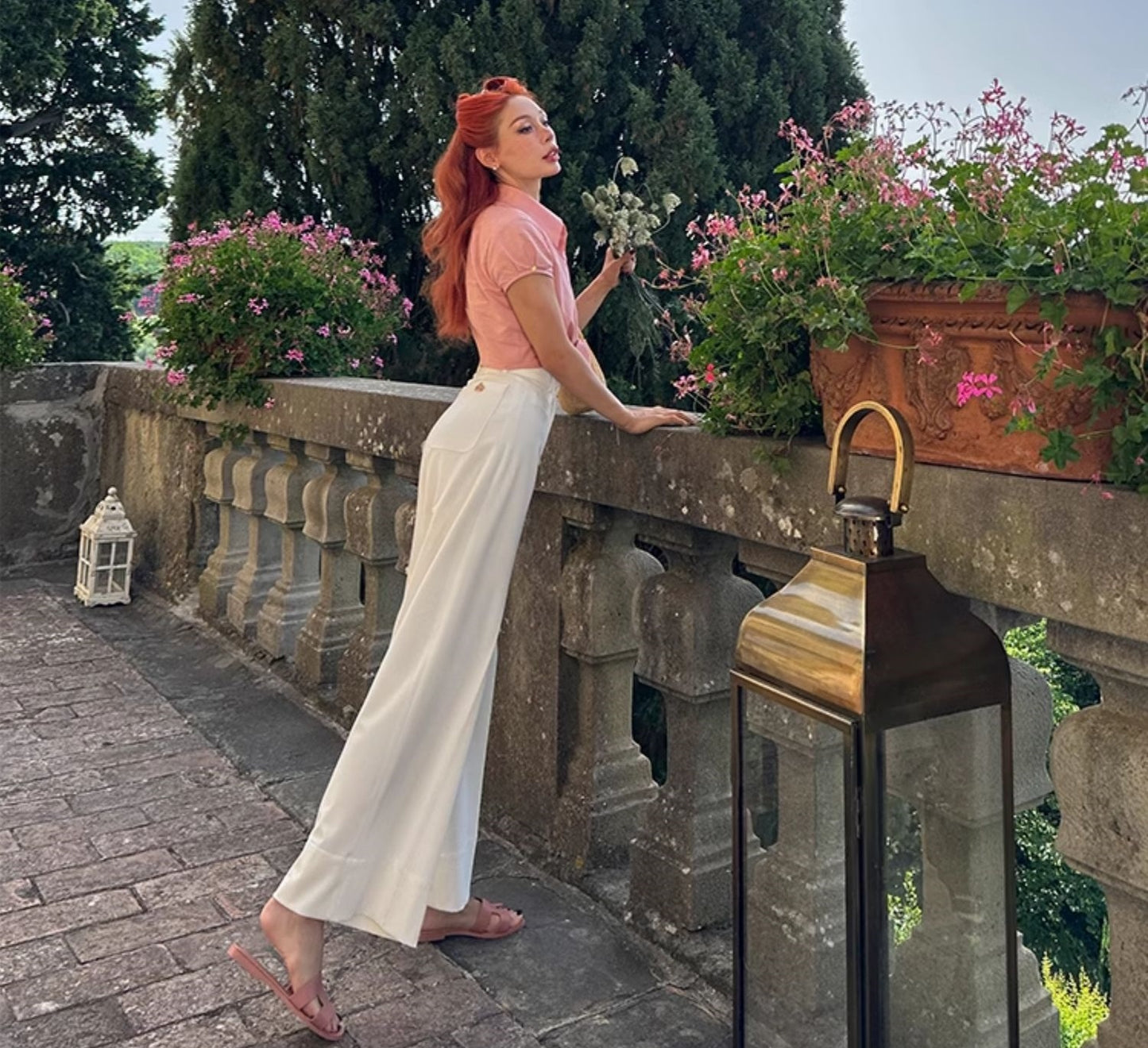 Le Palais Vintage  Gold Cotton Linen Pink Puff Sleeve Shirt + Shorts-ASA.