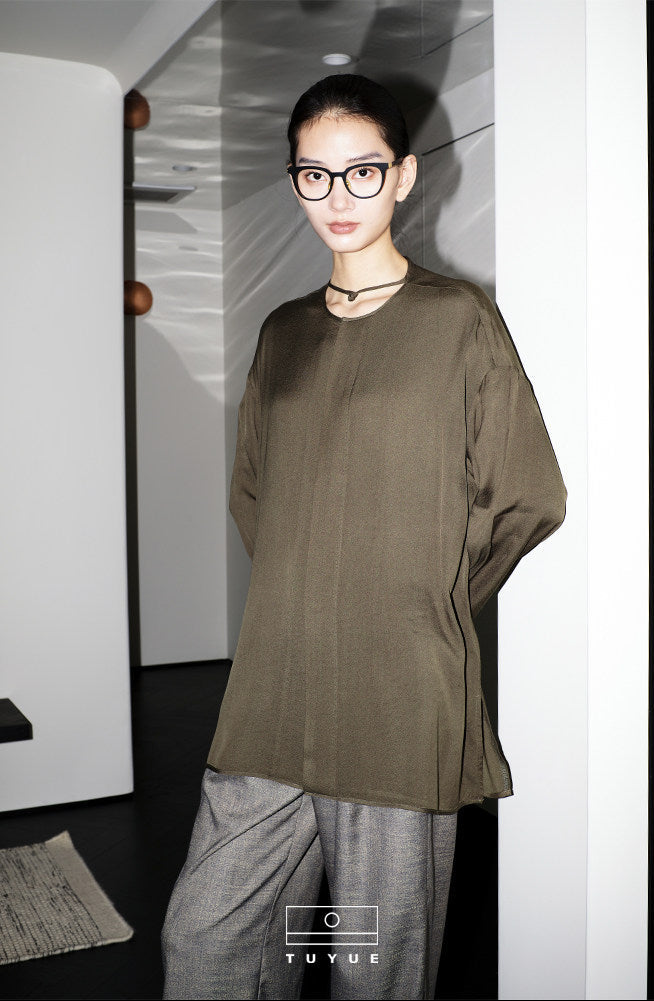 TUYUE moss green handmade buckle long-sleeved shirt- AMIR.