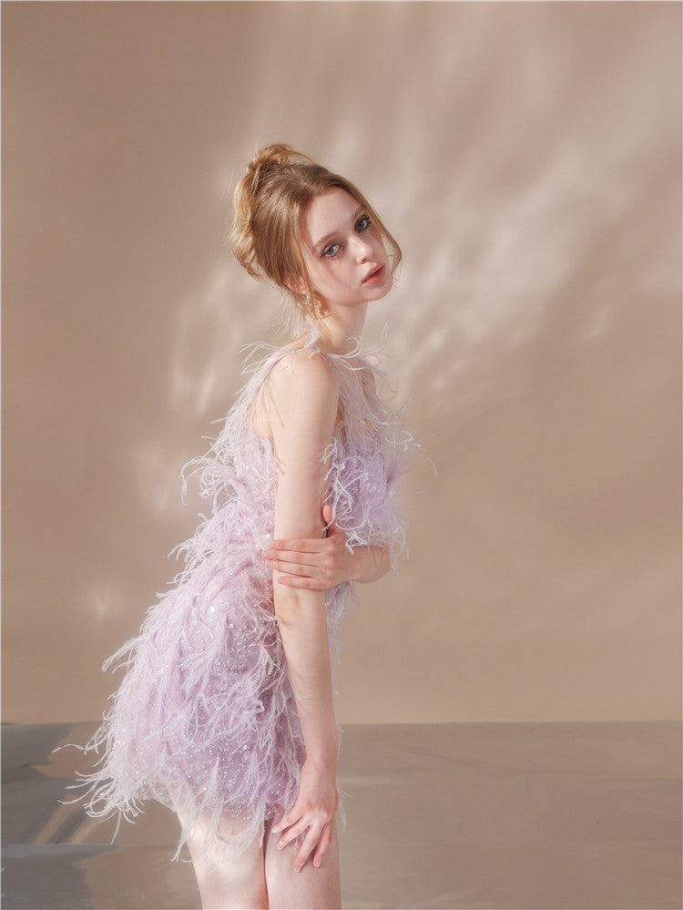 Wardrobes by Chen Elegant Purple Embroidered Beads Feather Dress-Cassie